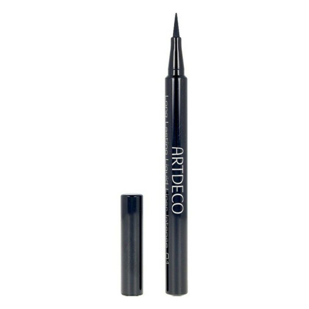 Schwarzer Eyeliner mit Spitze. Schwarzer Stift mit weißer Schrift: ARTDECO, Long Lasting Liquid Liner Intense. Kappe daneben.