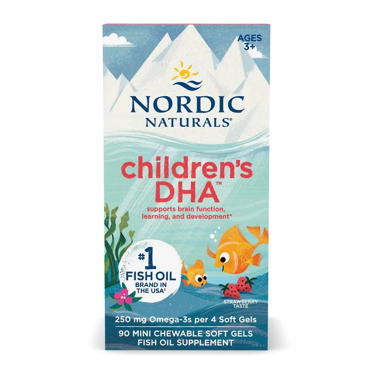 Vorderseite einer NORDIC NATURALS Kinder DHA Verpackung mit Berg- und Meeresmotiv, Fischen und Erdbeeren.