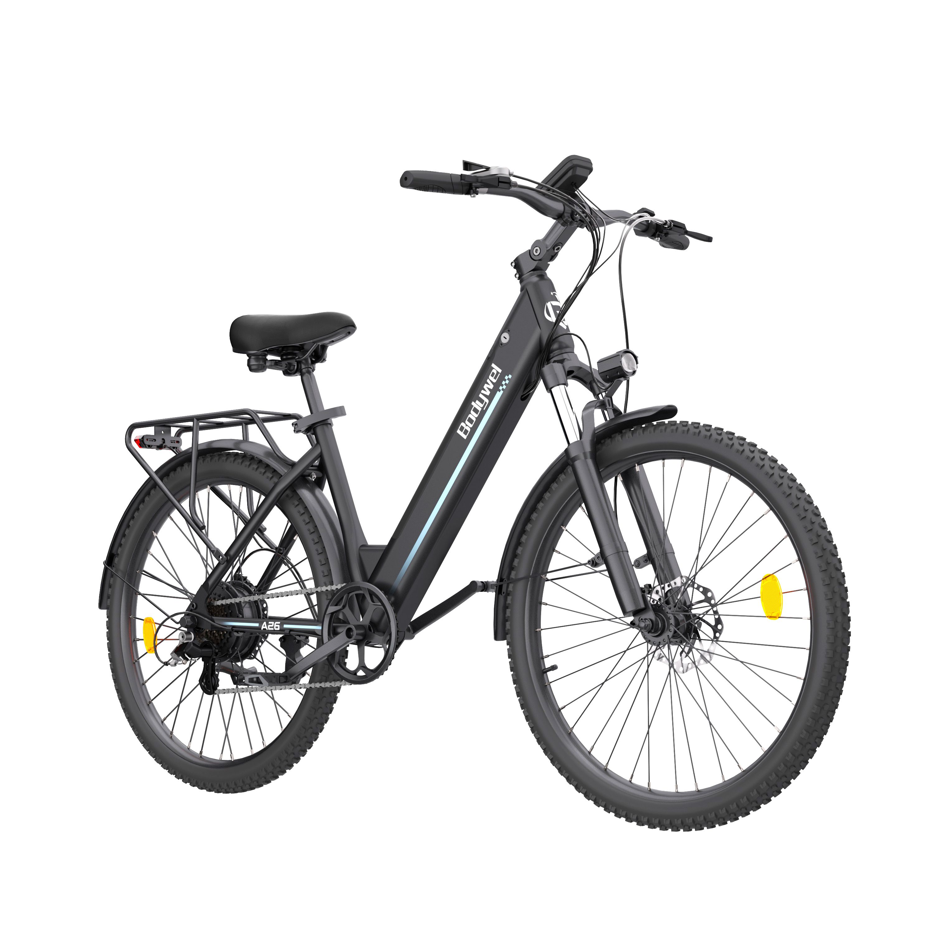 Schwarzes E-Bike, Seitenansicht. Gepäckträger, Schutzbleche, Scheinwerfer. Bodywel A26.
