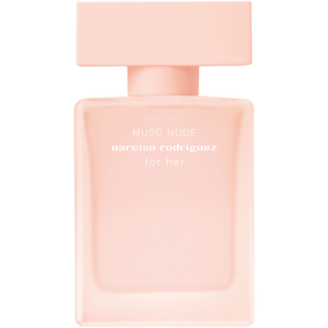 Rosafarbener Flakon. Aufschrift: Musc Nude, Narciso Rodriguez, for her.