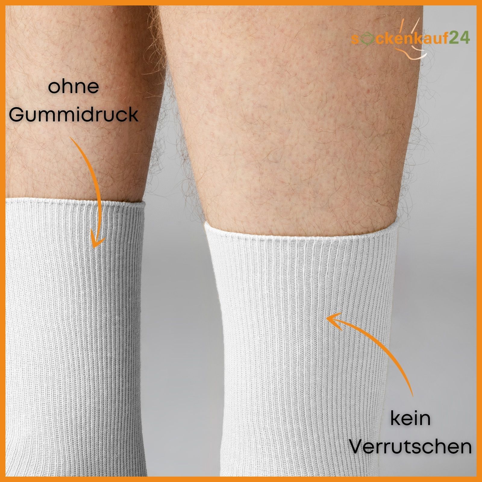 Nahaufnahme von weißen Socken. Text: ohne Gummidruck, kein Verrutschen. Text: sockenkauf24.