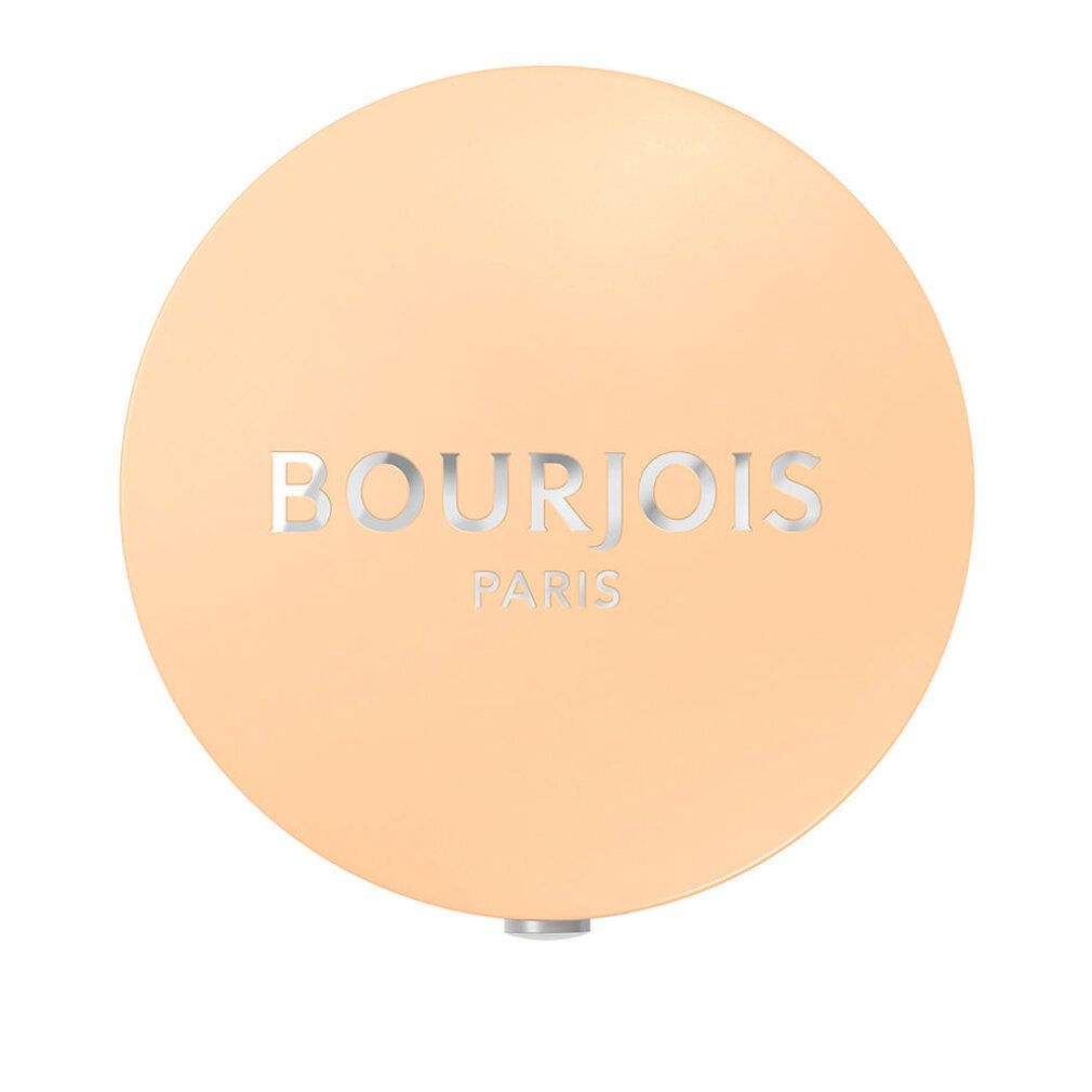Runder, beigefarbener Lidschatten-Behälter. Auf dem Deckel steht in Silber 'BOURJOIS PARIS'.