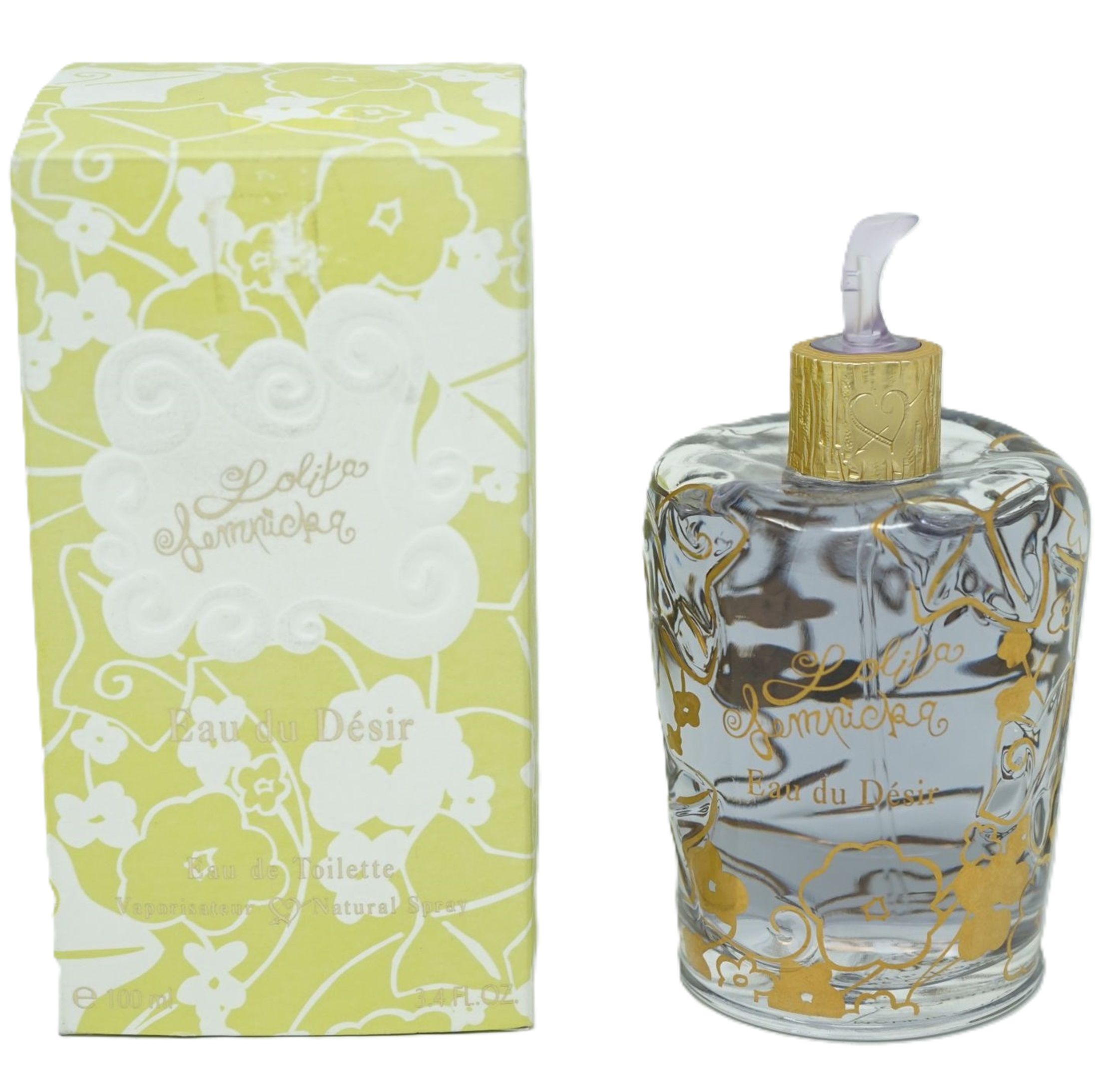 Parfümflakon und Verpackung. Flakon aus Glas mit goldenen Verzierungen. Verpackung gelb mit floralem Muster. Schriftzug: Lolita Lempicka.