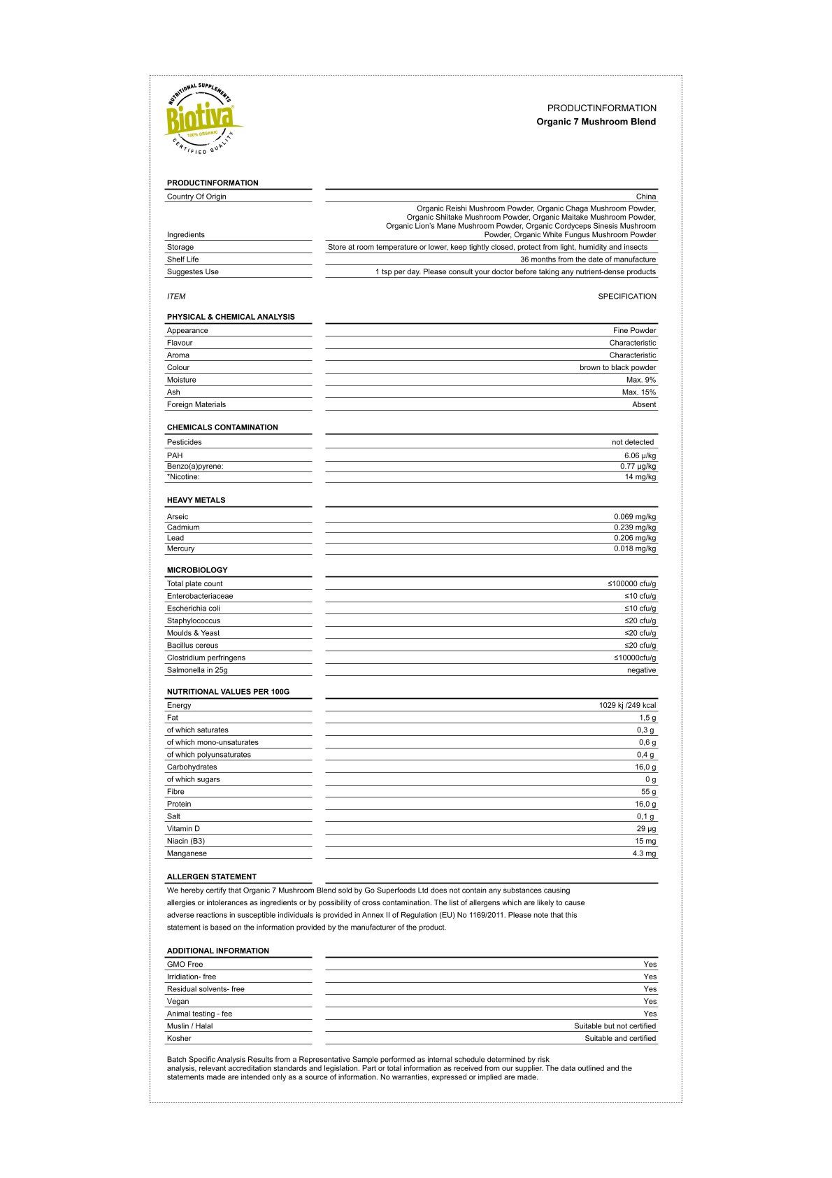 Produktinformationsblatt für Organic 7 Mushroom Blend. Enthält Angaben zu Inhaltsstoffen, Analyse und Nährwerten.