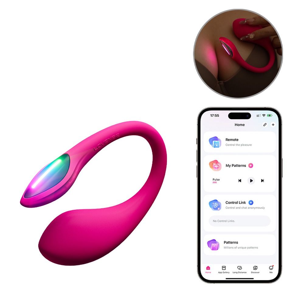 Rosa Vibrator mit farbigem Licht. Smartphone mit App-Oberfläche. Zusätzliche Nahaufnahme des Produkts in Anwendung.