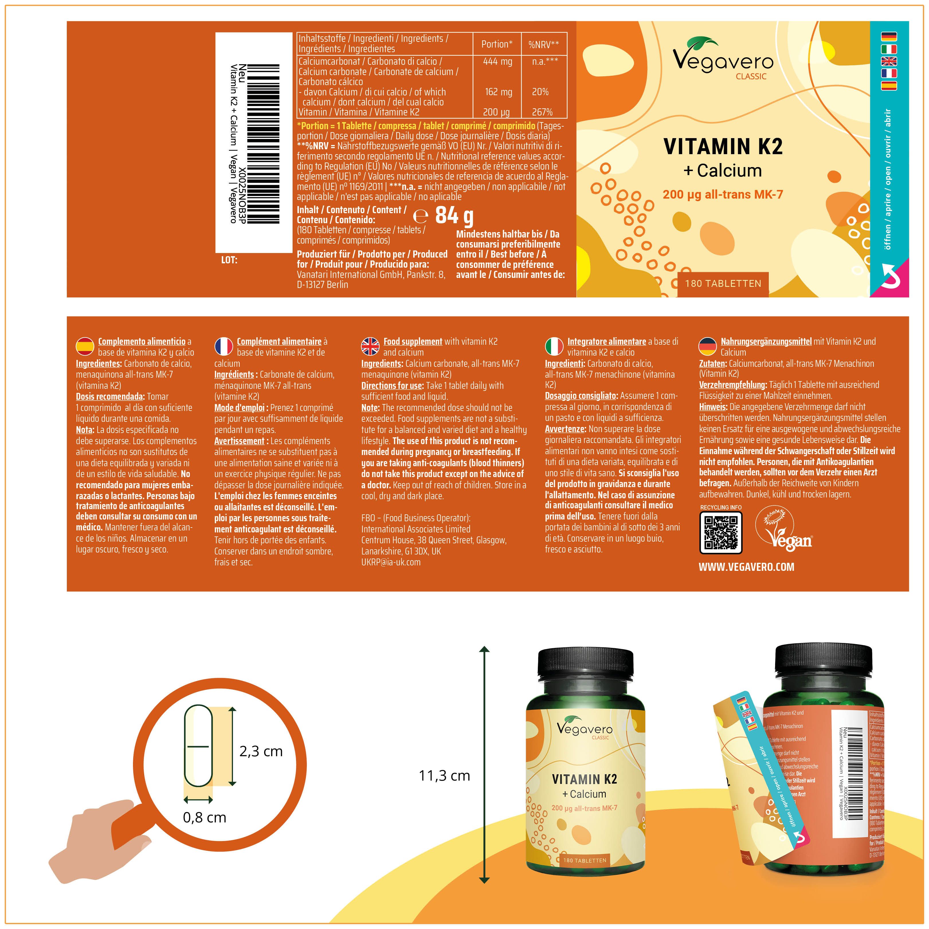 Produktverpackung mit Vegavaro Vitamin K2 + Calcium. Enthält Informationen zu Inhaltsstoffen, Nährwerten und Zertifizierungen.
