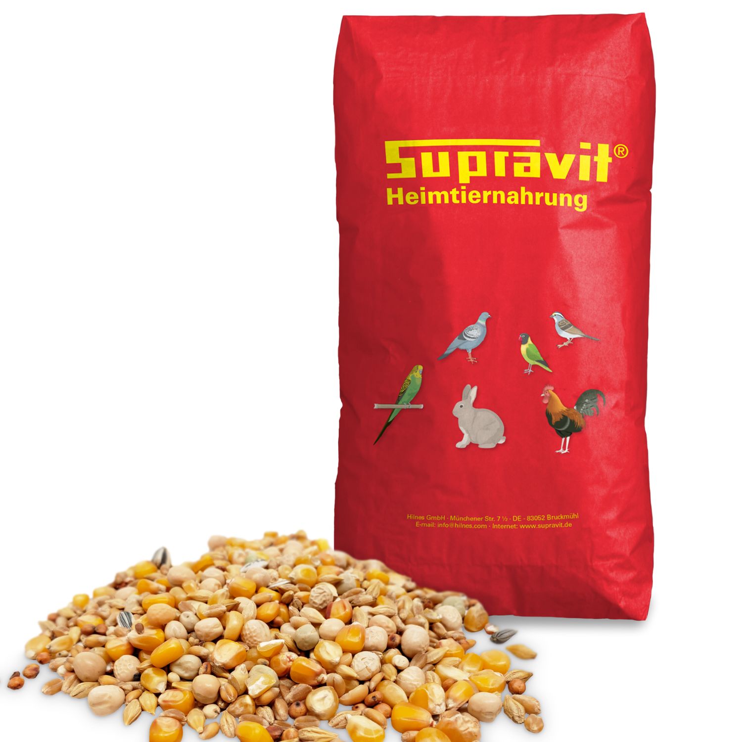 Roter Futtersack mit Produkt und Tierabbildungen. Aufschrift: Supravit Heimtiernahrung. Futter auf dem Boden.