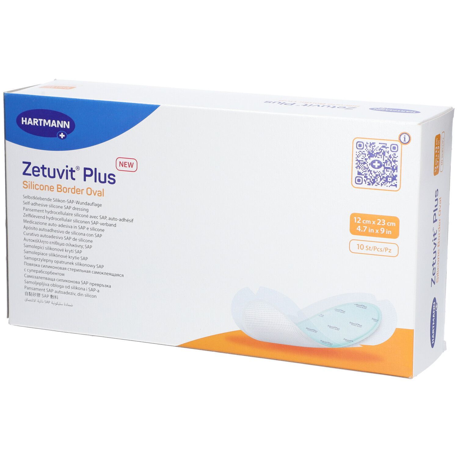 Verpackung von Zetuvit® Plus Silicone Border Oval. Enthält 10 Stück. Maße: 12 x 23 cm. Marke Hartmann.