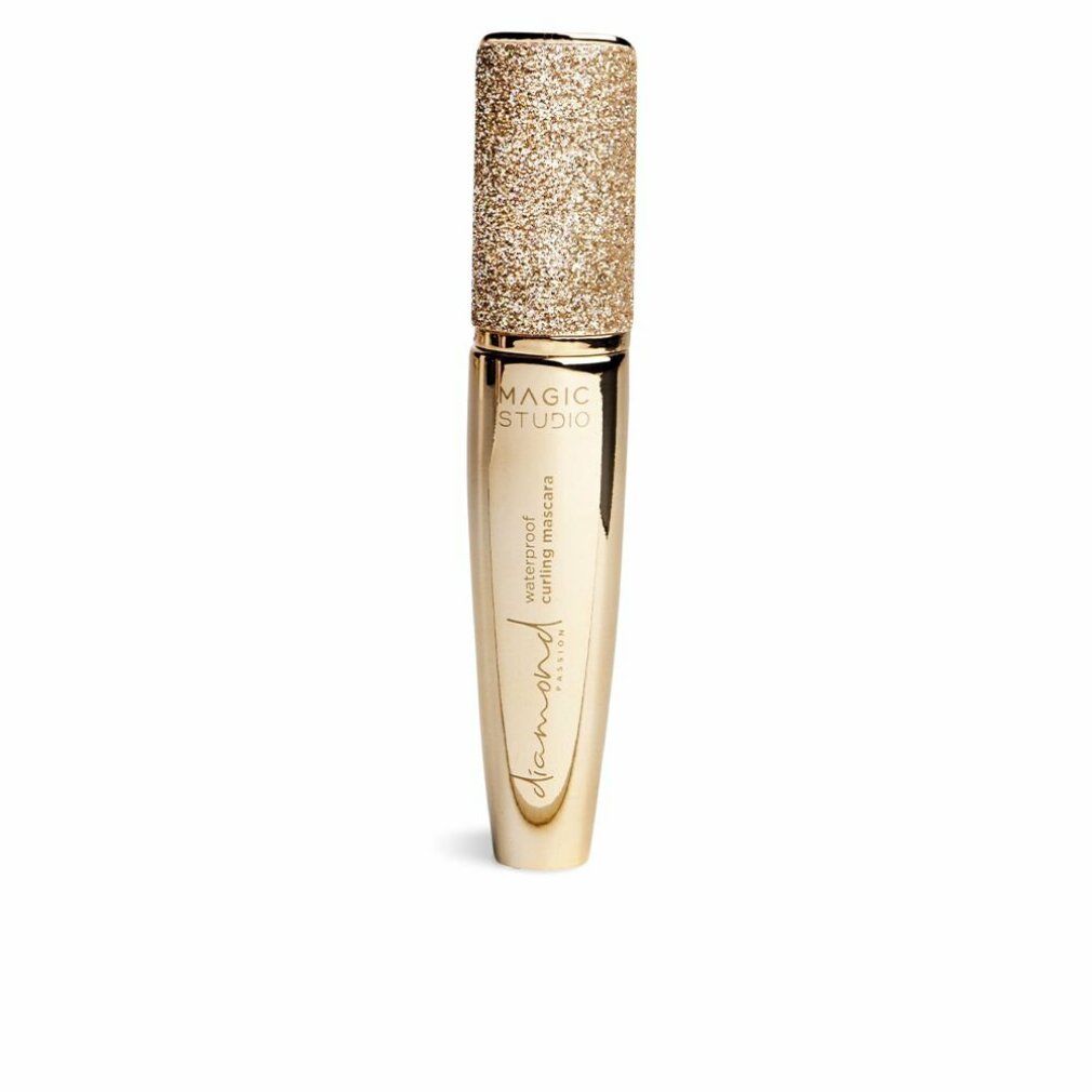 Goldfarbene Mascarahülse mit glitzerndem Deckel. Aufschrift: Magic Studio, Diamond Edition, Waterproof Curling Mascara.