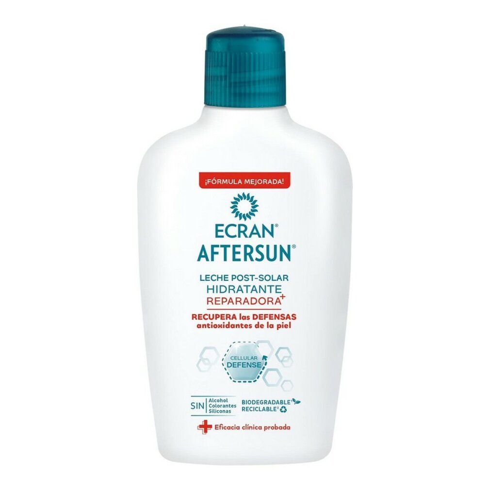 Weiße Flasche mit blauem Deckel. Aufschrift: ECRAN AFTERSUN, Lait post-solaire hydratante réparatrice. Mit 'Cellular Defense'.