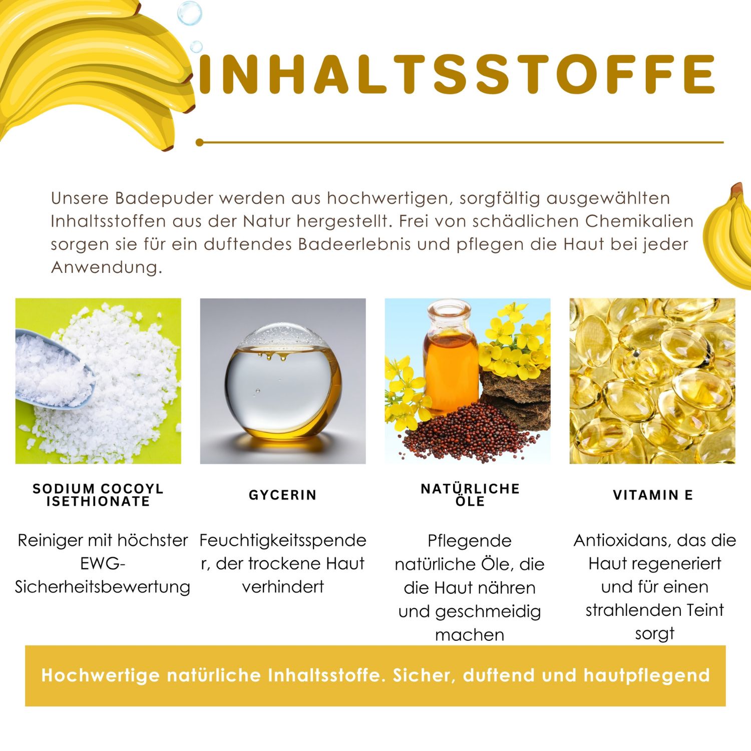 Inhaltsstoffe des SABOO Schaumbad Pulvers. Abbildungen von Inhaltsstoffen: Sodium Cocoyl Isethionate, Glycerin, Öle, Vitamin E.