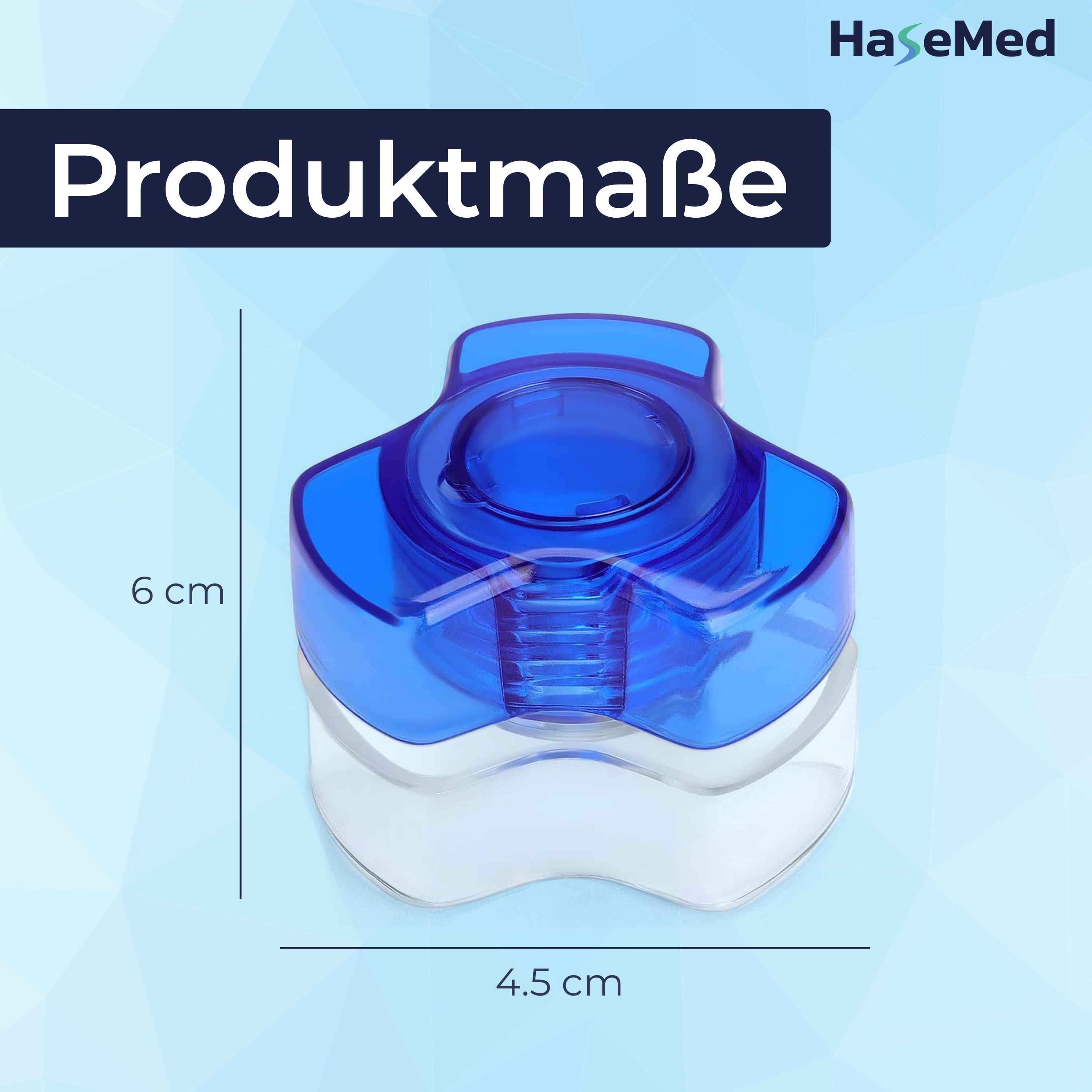 HaseMed Tablettenmörser, blau-transparent, 6 cm hoch, 4,5 cm breit. Produktmaße.