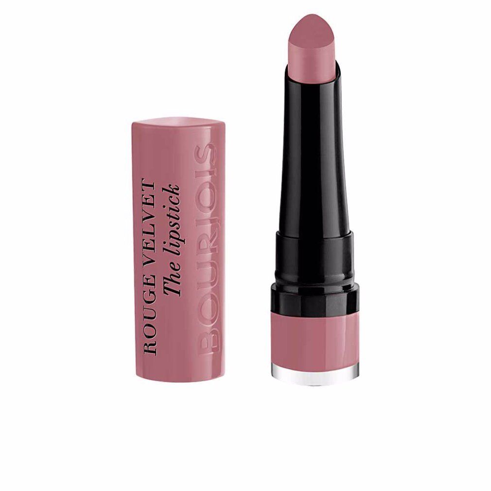 Lippenstift in Mauve-Ton. Schwarzer Stift, rosa Hülse mit Schriftzug. Produktname: Rouge Velvet The lipstick Bourjois.