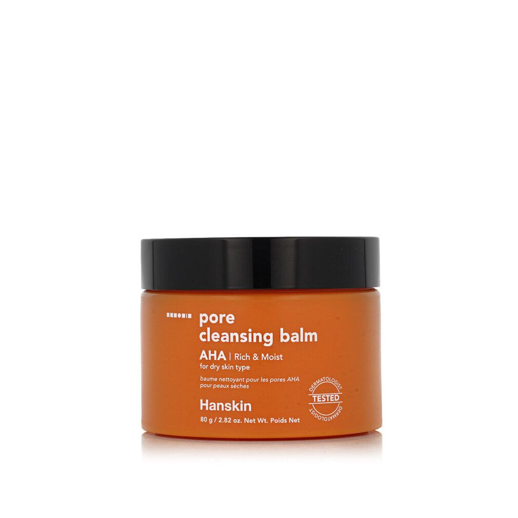 Orangefarbener Tiegel mit schwarzem Deckel. Aufschrift: Pore Cleansing Balm AHA. Dermatologisch getestet. Marke: Hanskin.