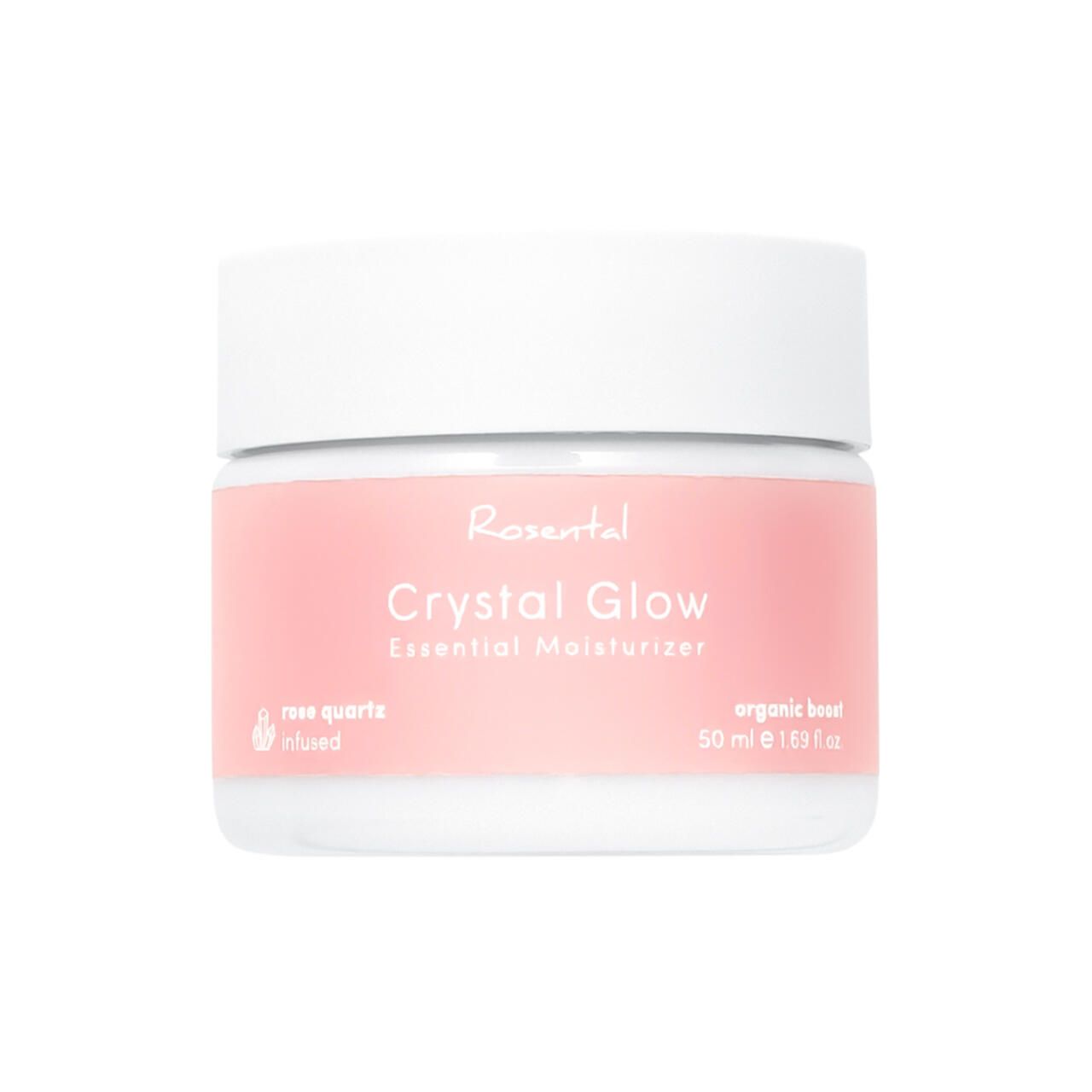 Weißes Tiegel mit rosa Etikett. Aufschrift: Rosental, Crystal Glow, Essential Moisturizer. Mit Rosenquarz. 50 ml.
