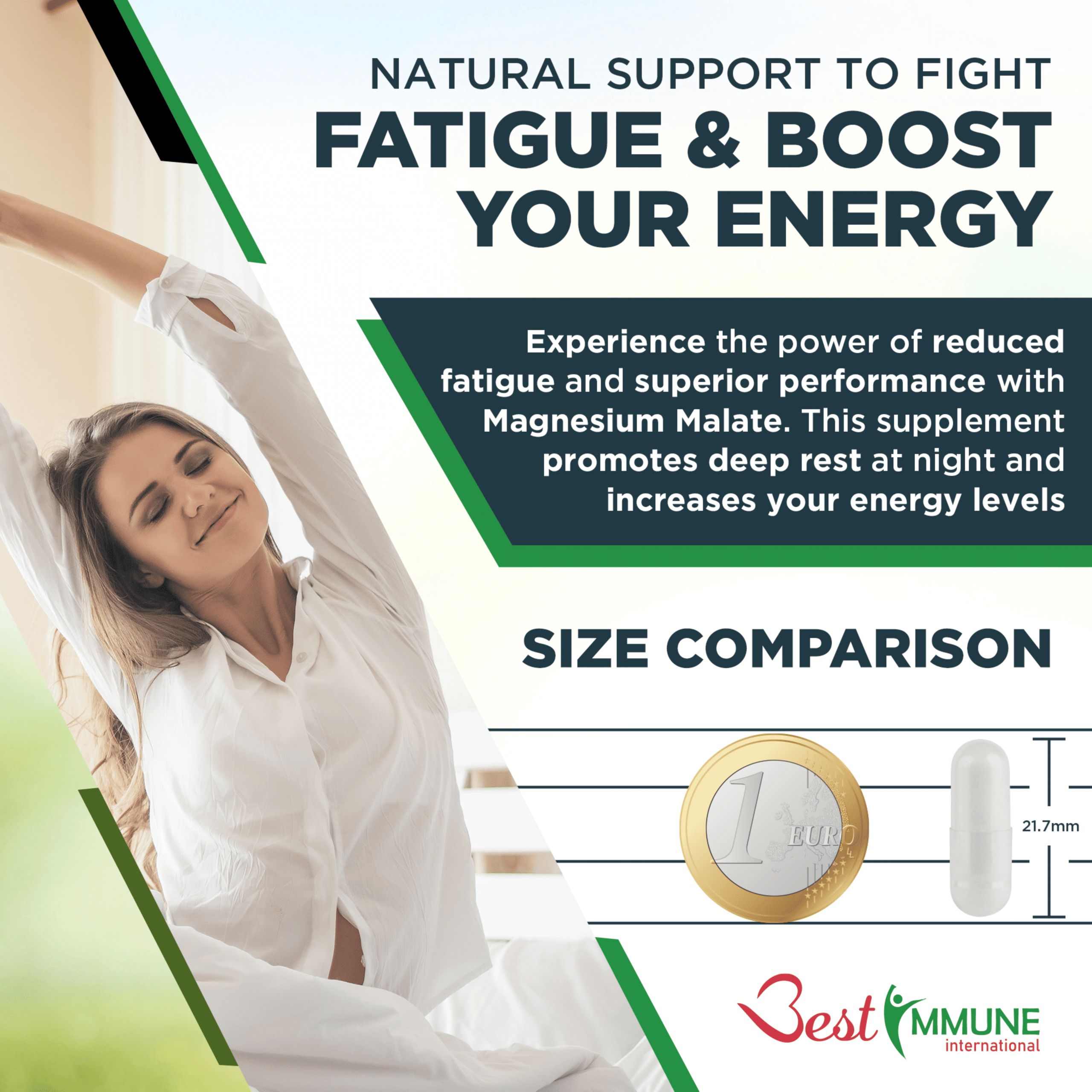 Vergleich: 1 Euro-Münze und Kapsel. Text: Natural Support to Fight Fatigue & Boost Your Energy. Marke: Best Immune.