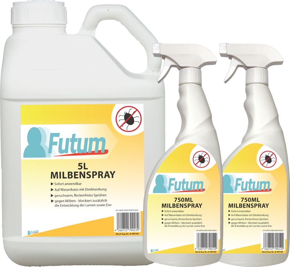 FUTUM Milbenspray, 5L-Kanister und zwei 750ml Sprühflaschen. Weiße Behälter mit gelben Etiketten und Produktinformationen. Insektizid gegen Milben.