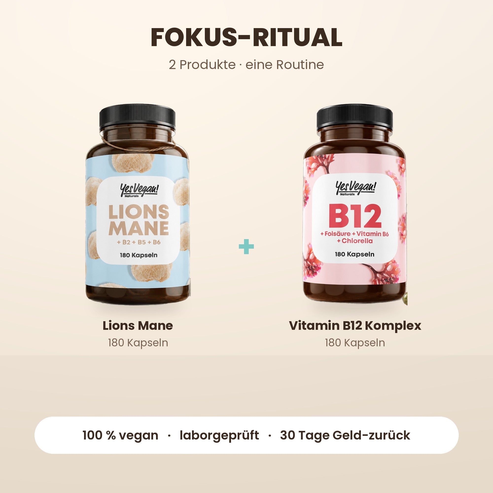Zwei Flaschen Yes Vegan! Lions Mane (180 Kapseln) und Vitamin B12 Komplex (180 Kapseln).