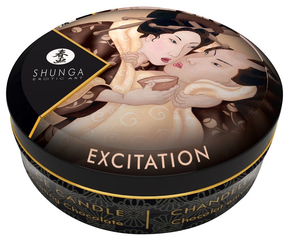Runde Dose mit Deckel. Auf dem Deckel ist ein Bild von zwei Personen. Aufschrift: EXCITAION.