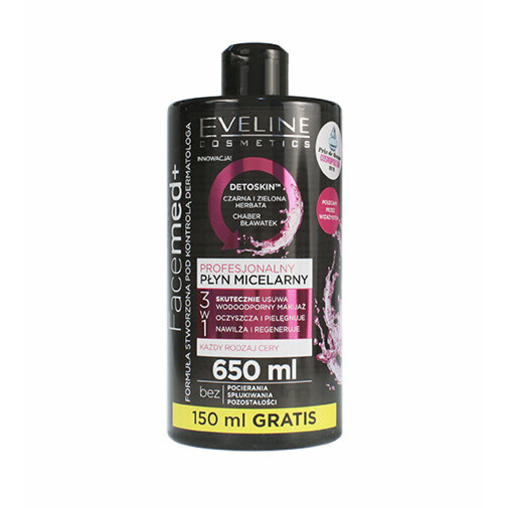 Schwarze Flasche mit schwarzem Deckel. Text: Eveline Cosmetics Facemed+ professionelles Mizellenwasser 3in1. 650 ml + 150 ml gratis.