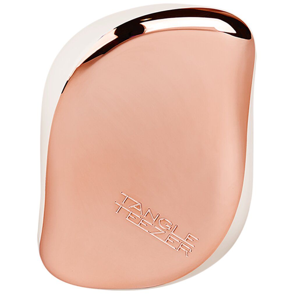 Kompakte Tangle Teezer Haarbürste, Roségold-Finish, weiße Basis.