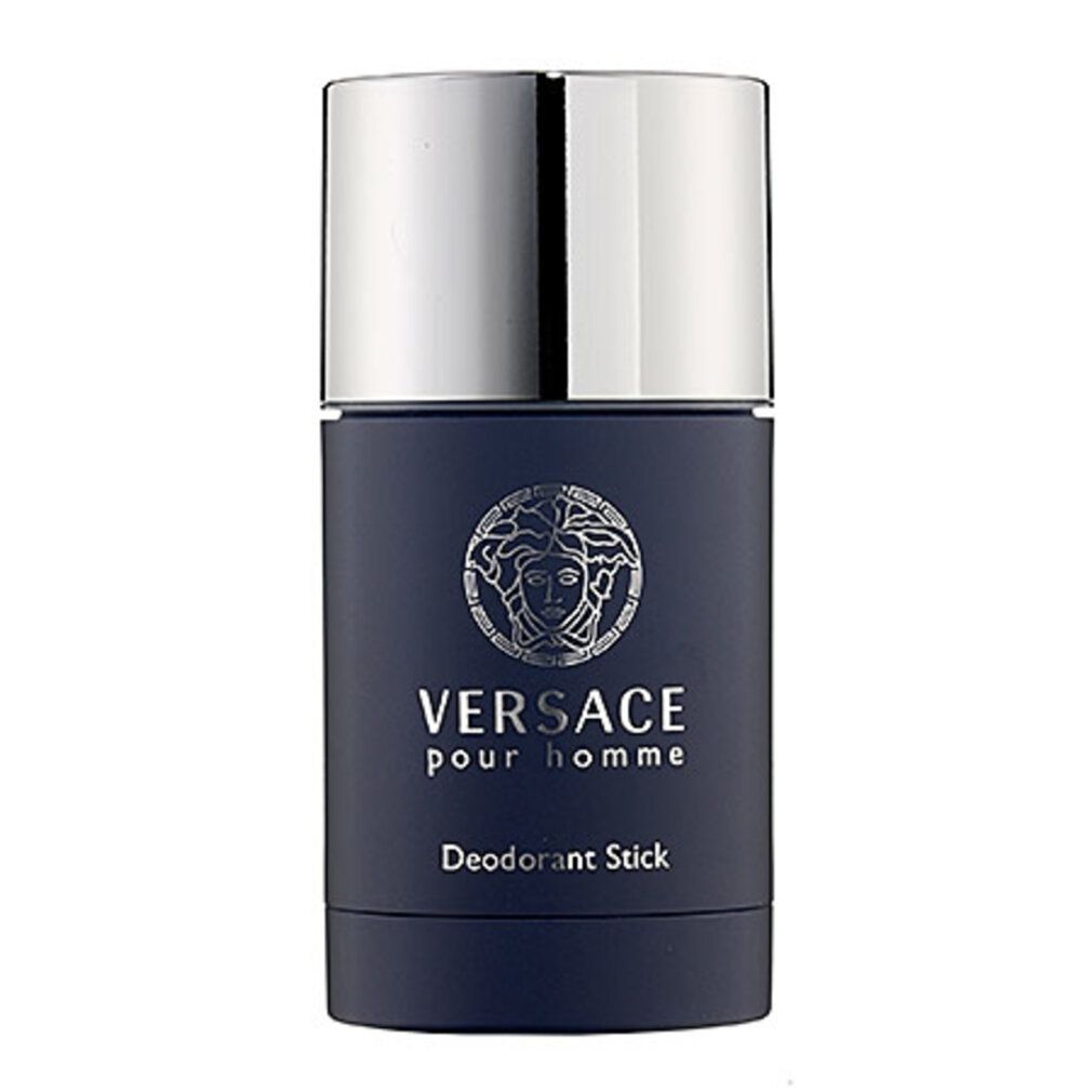 Deo-Stick. Dunkelblauer Behälter mit silbernem Deckel. Marke und Schriftzug 'Versace pour homme' und 'Deodorant Stick'.