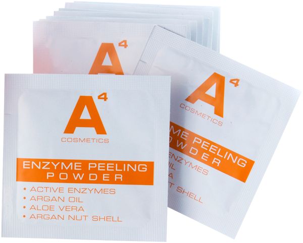 Mehrere A4 Cosmetics Enzyme Peeling Powder Beutel. Weiß mit orangefarbenem Text. Produktname und Inhaltsstoffe.