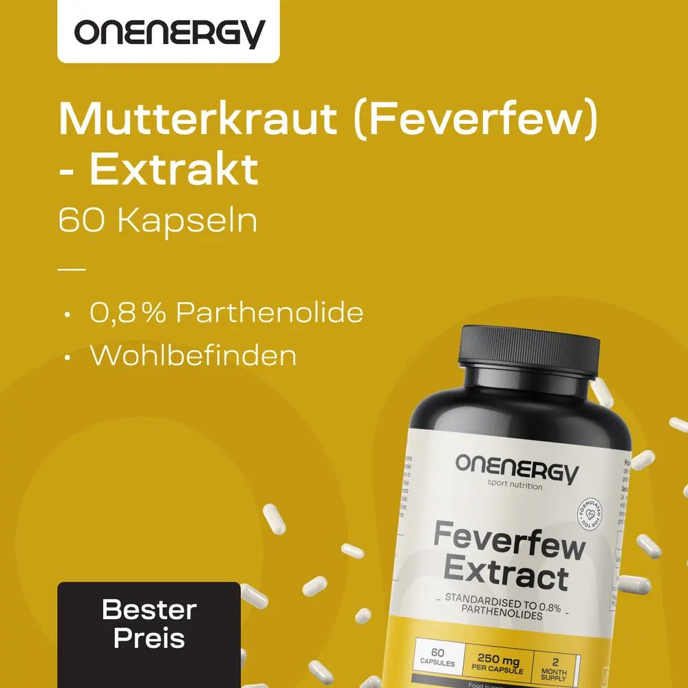 Flasche OnEnergy Mutterkraut Extrakt, 60 Kapseln, 0,8% Parthenolid.
