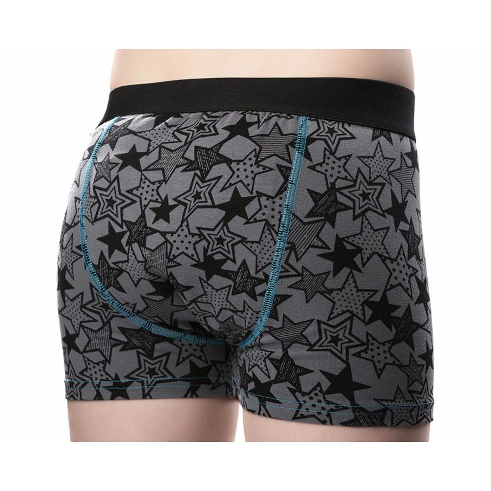 Rückansicht der grauen Inkontinenz-Shorts mit Sternenmuster. Schwarzer Bund, blaue Nähte. Kurze Form.