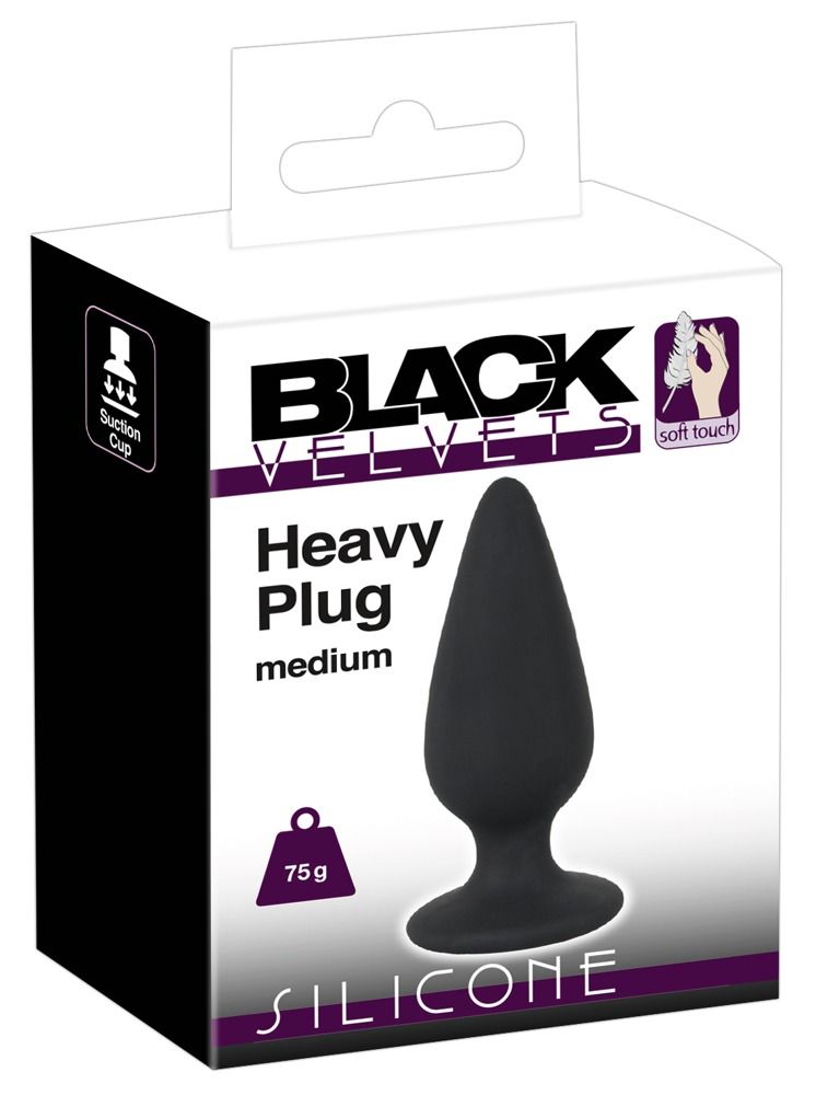 Verpackung mit schwarzem Analplug. Marke: BLACK VELVETS. Bezeichnung: Heavy Plug medium. Gewicht: 75g. Material: SILICONE.