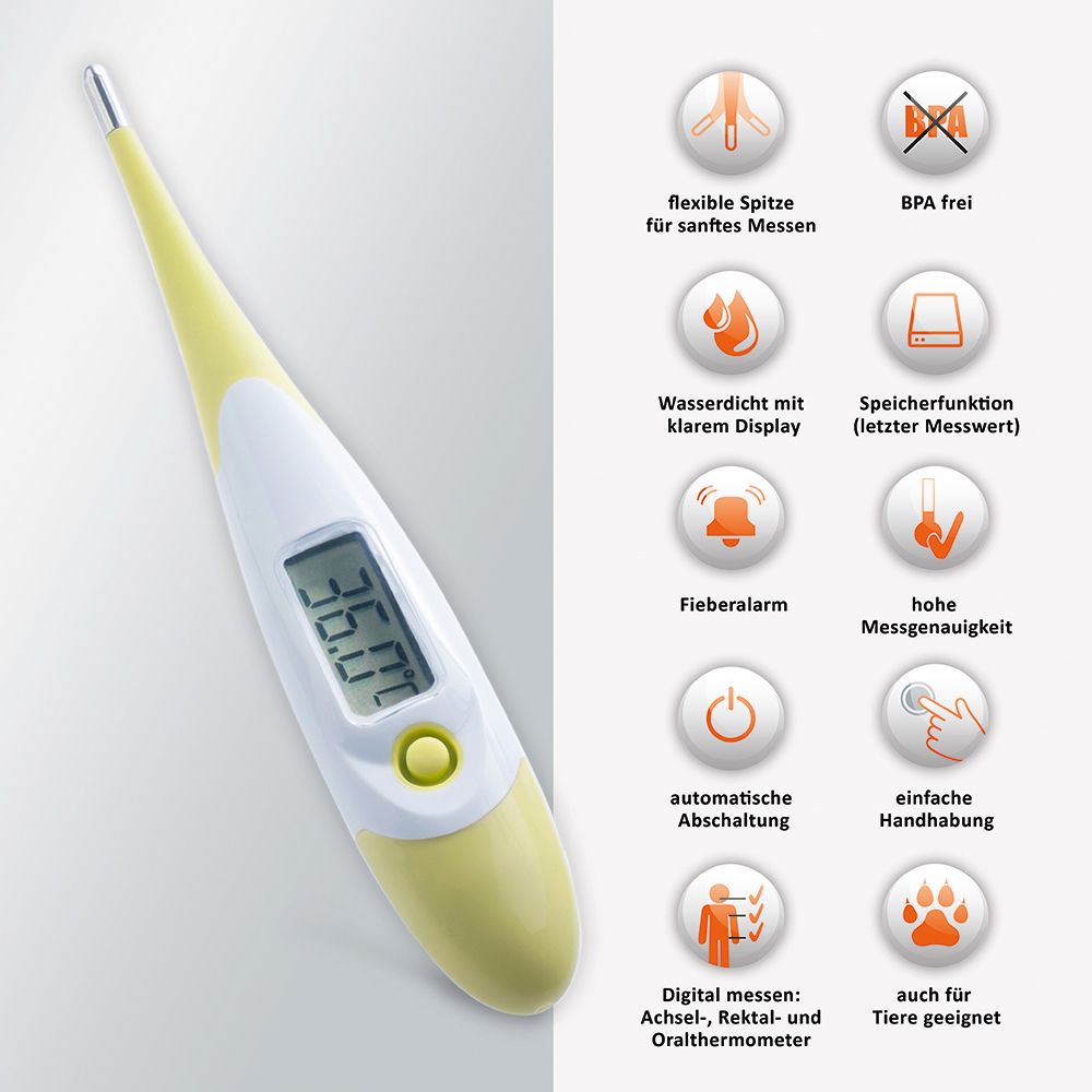 Digitales Fieberthermometer, weiß-gelb. Zeigt 36.0°C an. Mit Symbolen für Funktionen: flexible Spitze, wasserdicht, Speicher, Fieberalarm.