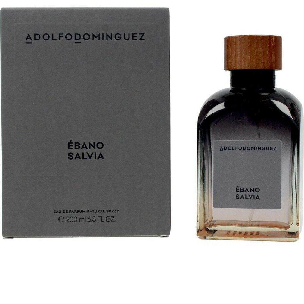 Parfümflasche und Schachtel. Aufschrift: ADOLFODOMINGUEZ, ÉBANO SALVIA. Schachtel mit Produktinformationen.