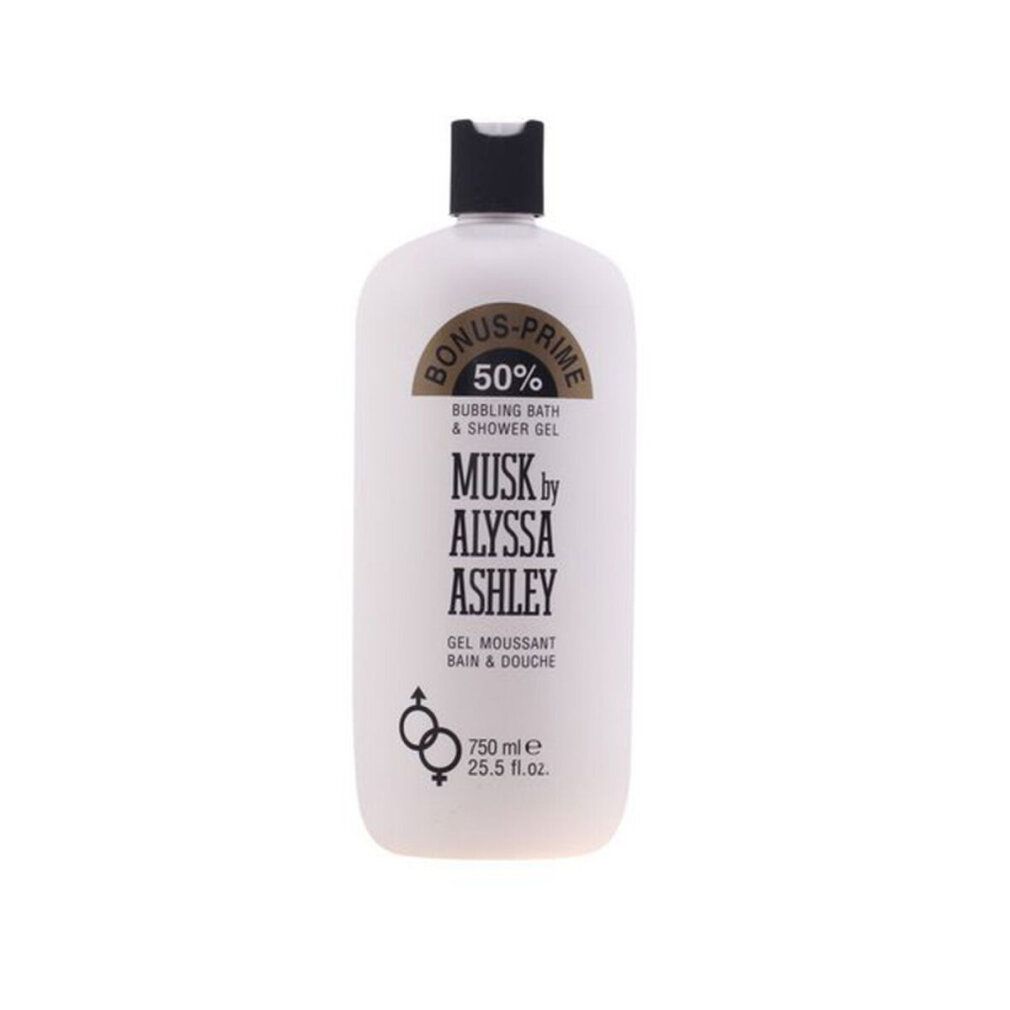 Weißes Duschgel von Alyssa Ashley. Schwarzer Deckel. Aufschrift: Musk by Alyssa Ashley, Gel moussant bain & douche. 750 ml.