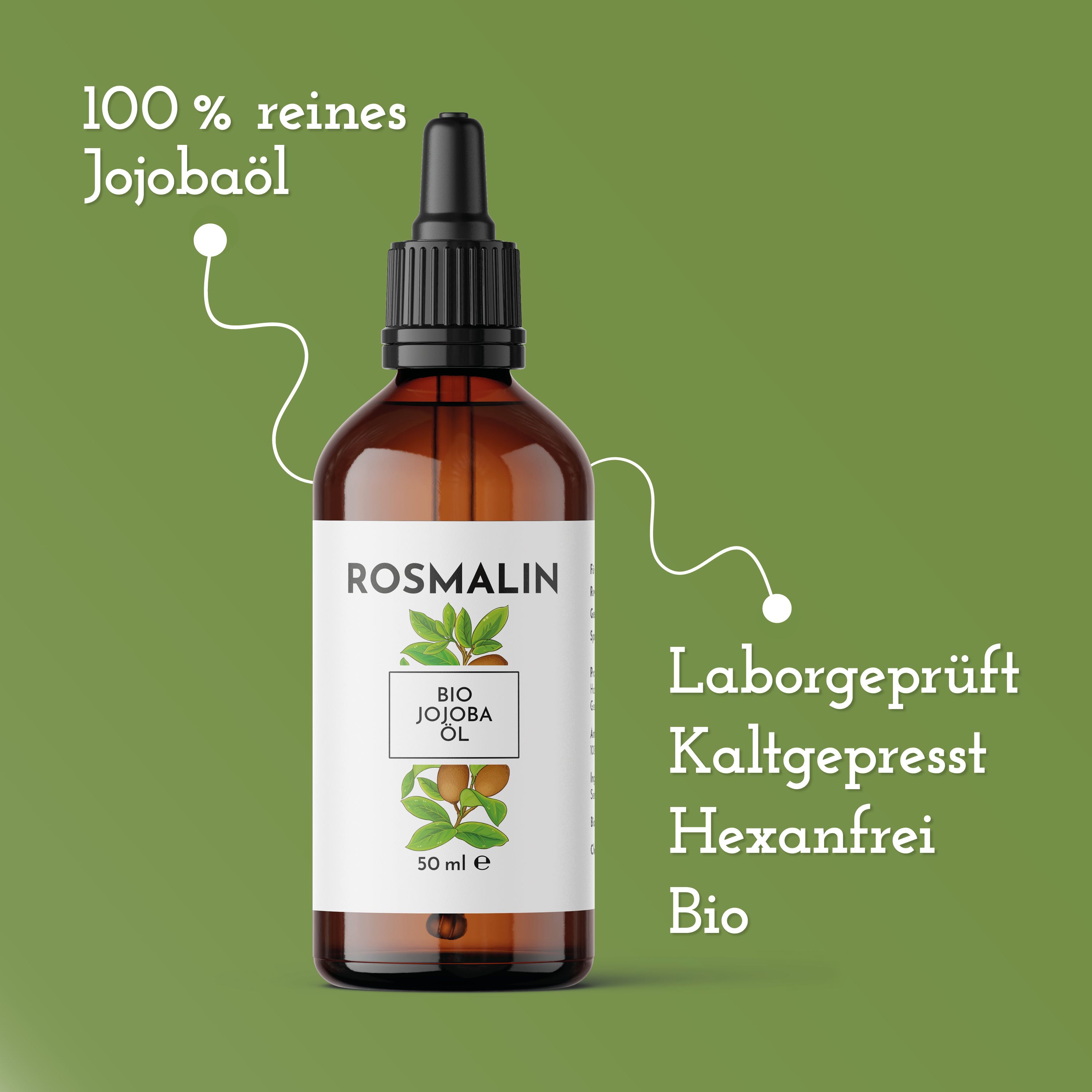 Braune Glasflasche mit Pipette. Aufschrift: Rosmalin, Bio Jojobaöl, 50 ml. Text: 100 % reines Jojobaöl, Laborgeprüft, Kaltgepresst, Hexanfrei, Bio.