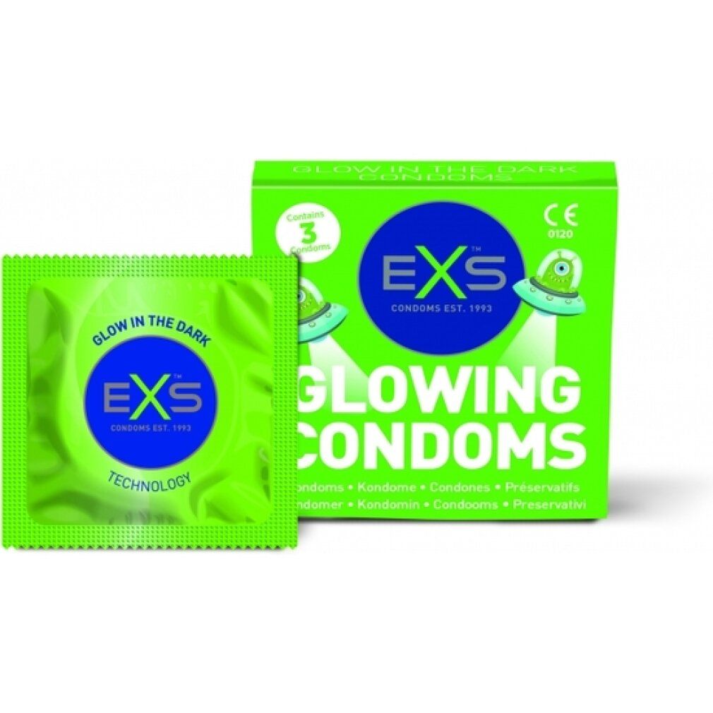 Kondom-Päckchen und Schachtel mit EXS Glowing Condoms. Päckchen mit 'Glow in the Dark'.
