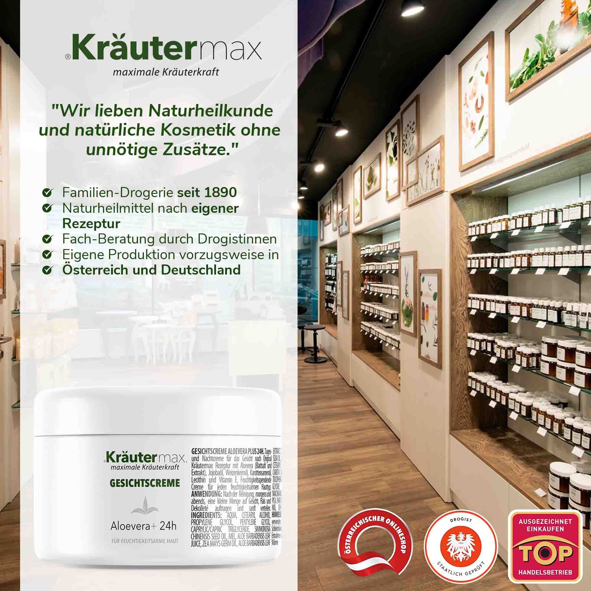 Drogerie mit Kräutermax-Produkten. Kräutermax Gesichtscreme. Text: Aloe vera, 24h. Naturheilmittel, eigene Rezeptur.