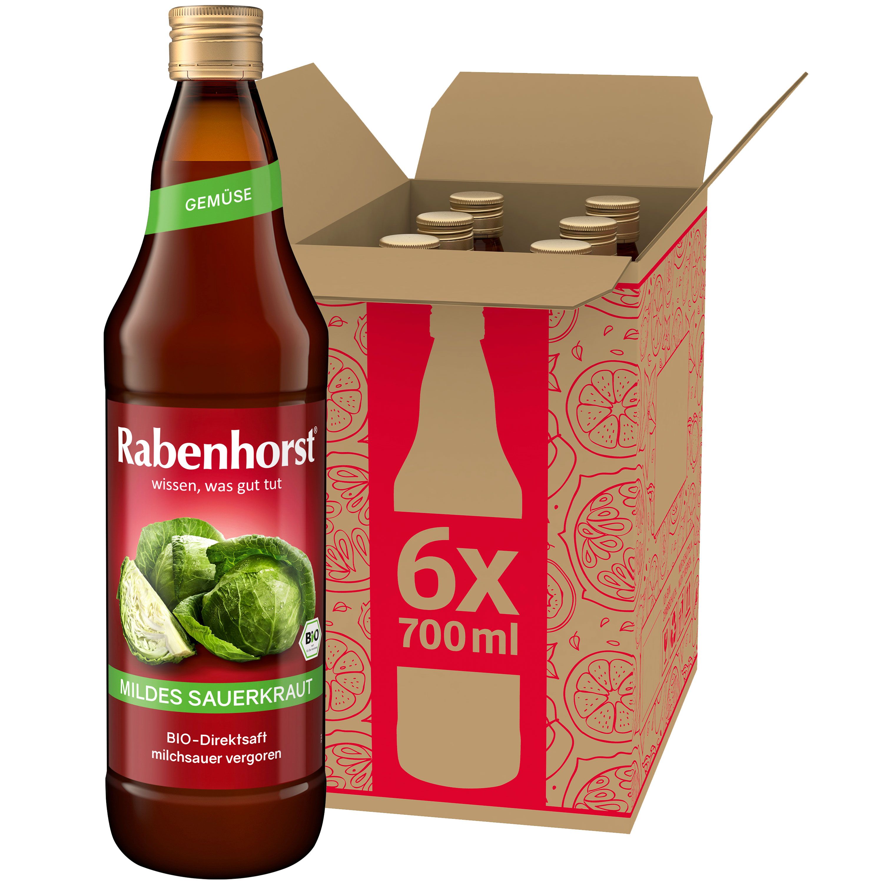 Glasflasche Mildes Sauerkraut BIO, Karton mit 6 Flaschen. Etikett mit Produktname, Kohlkopf-Abbildung, BIO-Siegel.