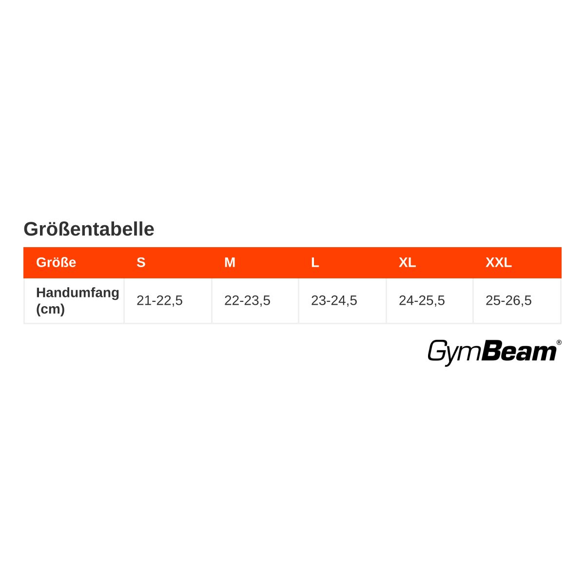 Größentabelle für GymBeam Fitness-Handschuhe Dexter: S (21-22,5cm) bis XXL (25-26,5cm).