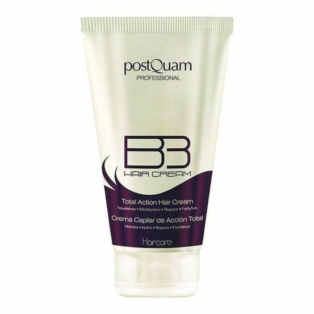Weiße Tube mit lila Akzenten. Aufschrift: Postquam Professional, BB Hair Cream, Total Action Hair Cream. Produktname und Marke deutlich sichtbar.