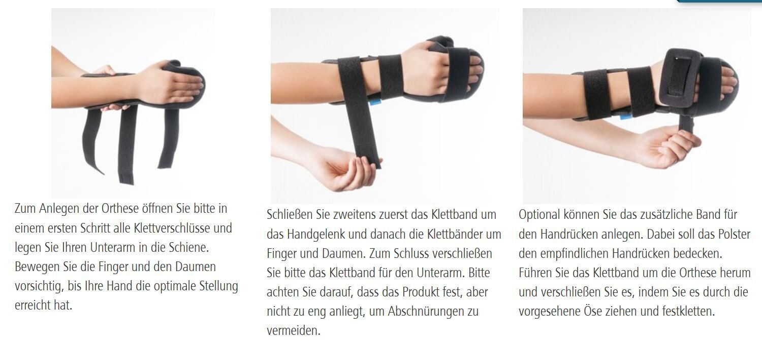 Anleitung zur Anwendung einer Handorthese. Schritte zeigen das Anlegen und Befestigen mit Klettverschlüssen.