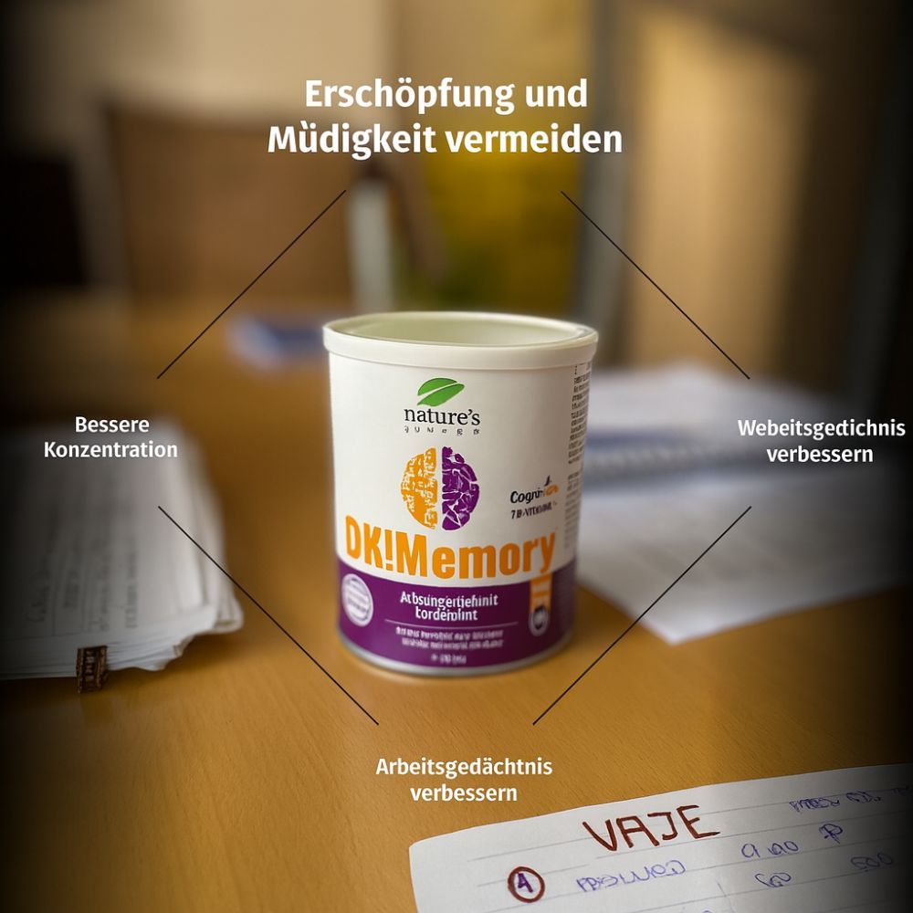 OK!Memory-Behälter auf Tisch, umgeben von Notizen und Icons. Text: Erschöpfung und Müdigkeit vermeiden. Vorteile: Konzentration, Langzeitgedächtnis, Arbeitsgedächtnis.