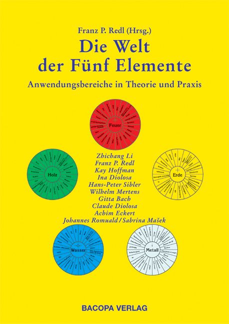 Buchcover: "Die Welt der Fünf Elemente". Gelber Hintergrund, Titel in Blau. Kreise mit Elementen: Feuer, Holz, Erde, Wasser, Metall.