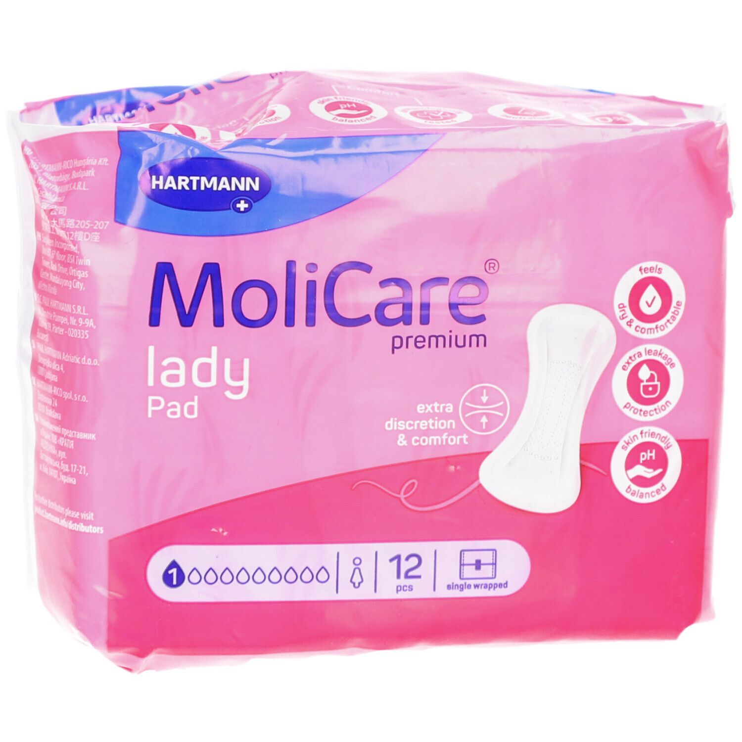 Rosa Verpackung von MoliCare® premium lady Pad. 12 Stück. Einzeln verpackt. Hartmann Logo. Aufdruck: extra diskret & komfort.