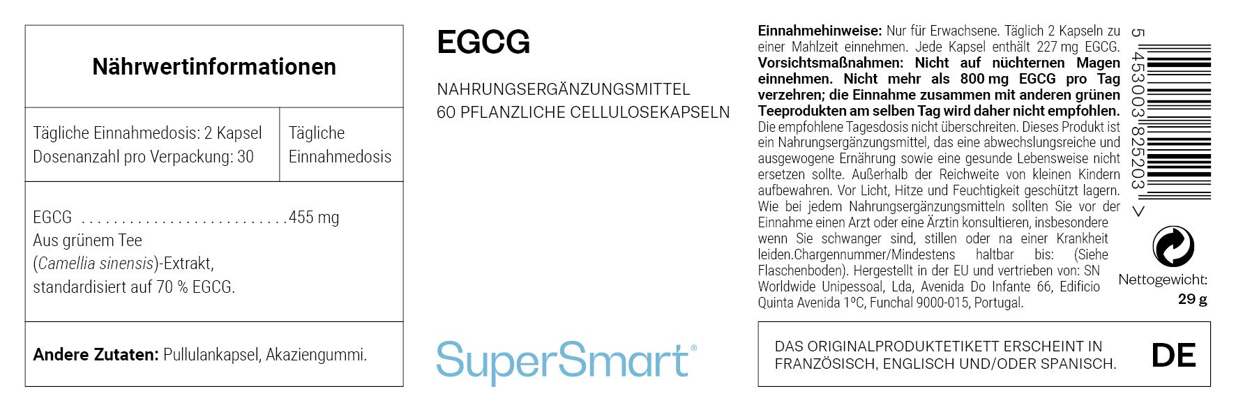 Etikett mit Nährwertinformationen für EGCG-Nahrungsergänzungsmittel von SuperSmart. 60 pflanzliche Zellulosekapseln.