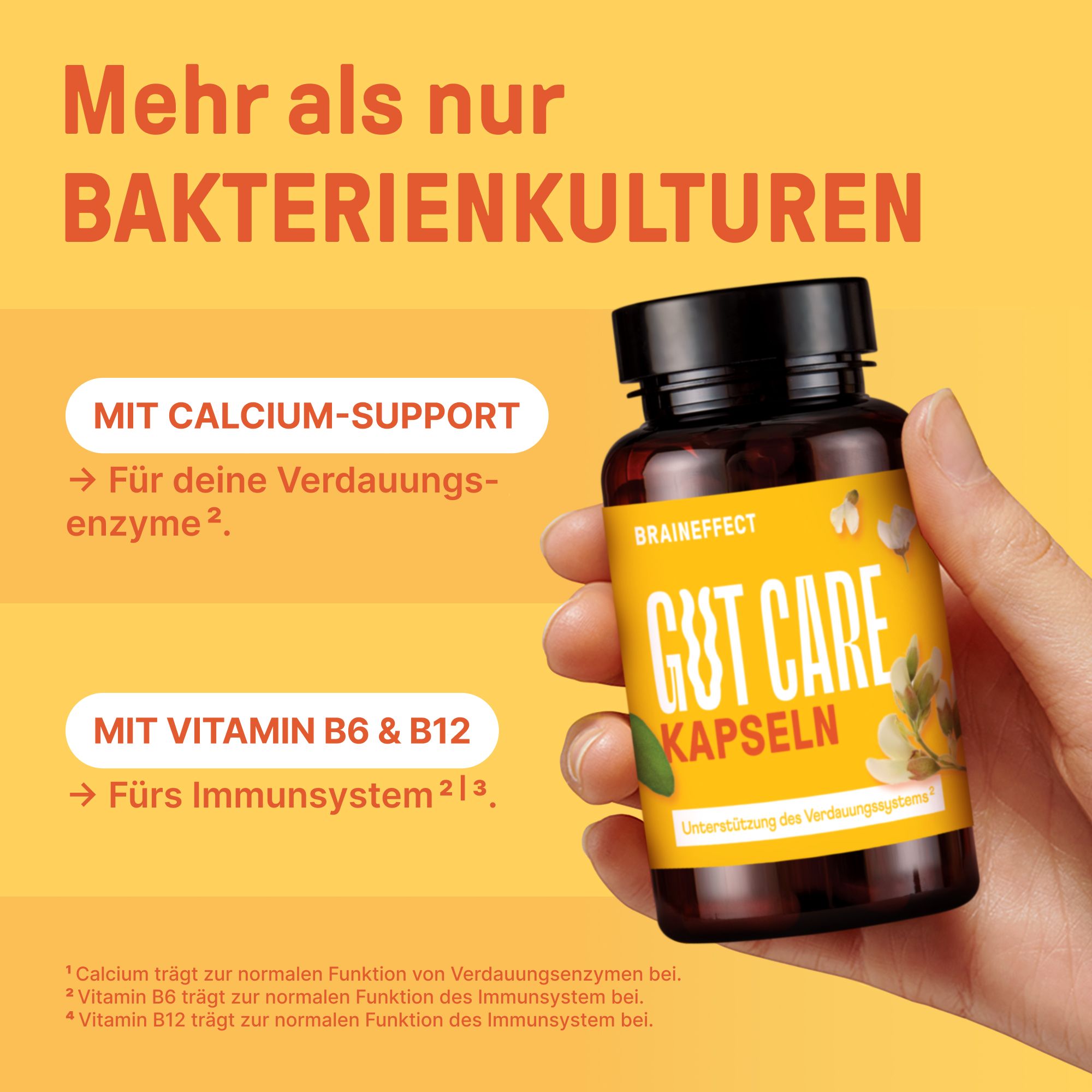 Braune Flasche mit "GUT CARE KAPSELN". Text: Calcium-Support, Vitamin B6 & B12. Hand hält Flasche.