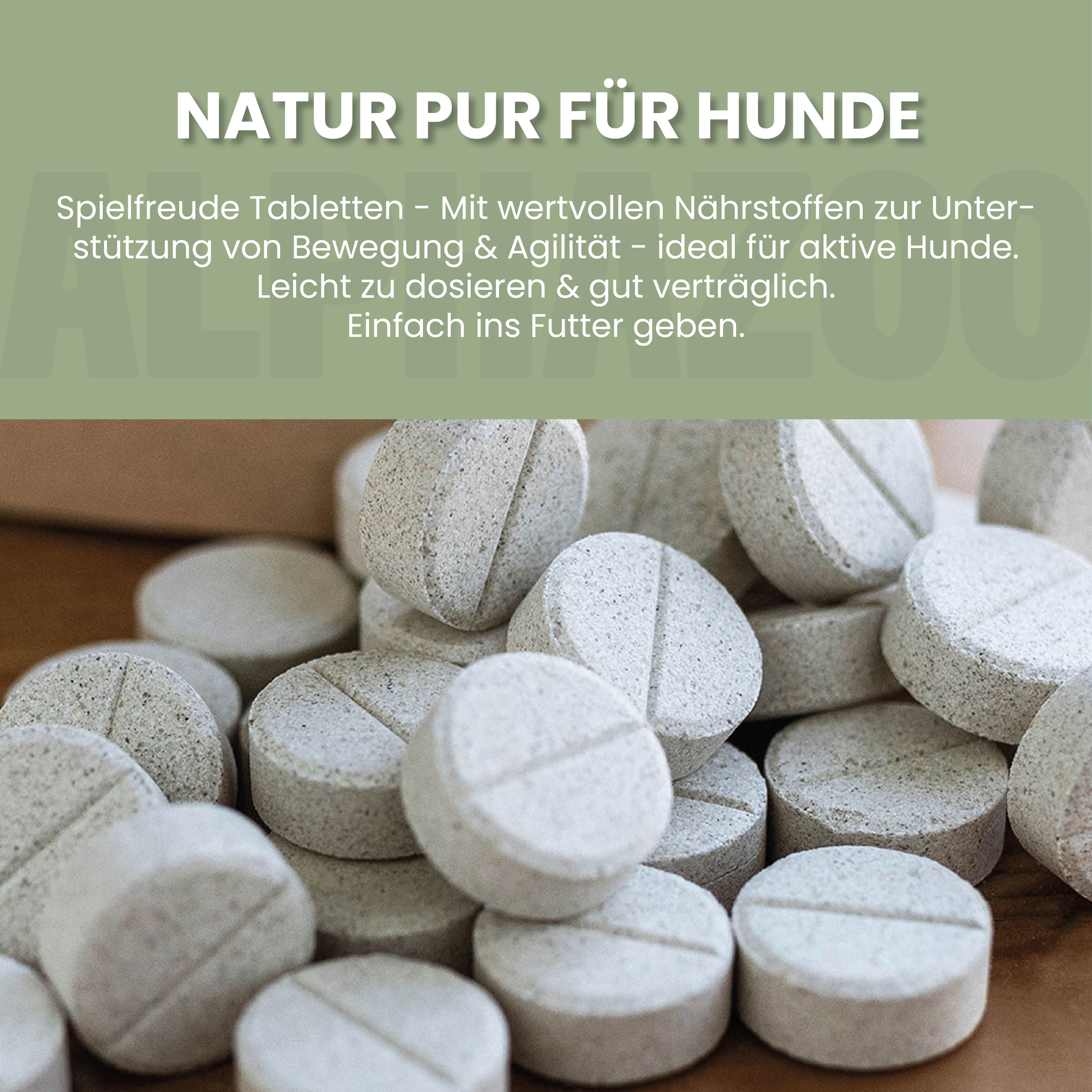 Tabletten, hellgrau, rund, mit Kreuzkerbe. Text: "NATUR PUR FÜR HUNDE". Text: Spielfreude Tabletten - Mit wertvollen Nährstoffen zur Unterstützung von Bewegung & Agilität.