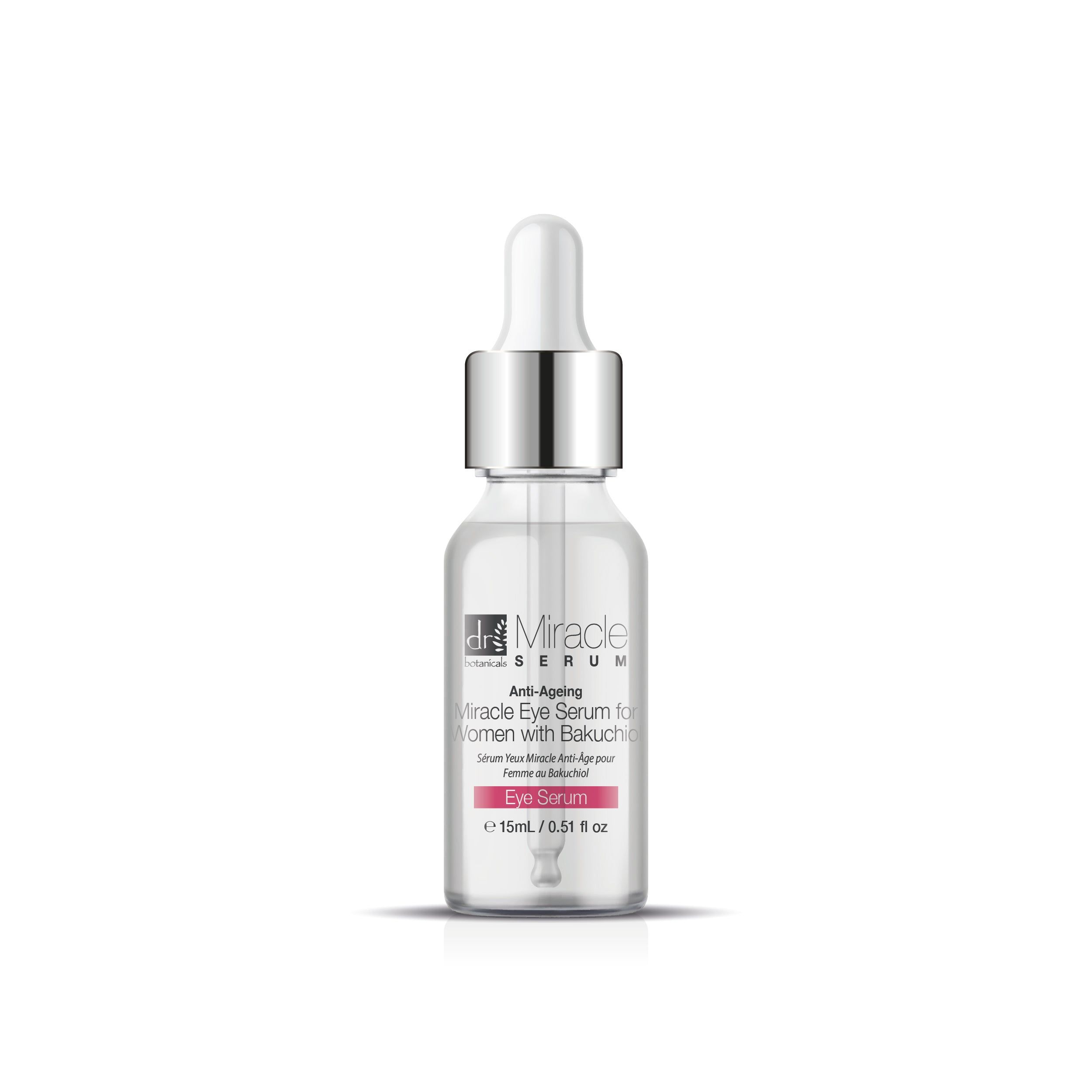 Klare Glasflasche mit Pipette. Rosa Etikett mit Text. Produktname und Volumenangabe.