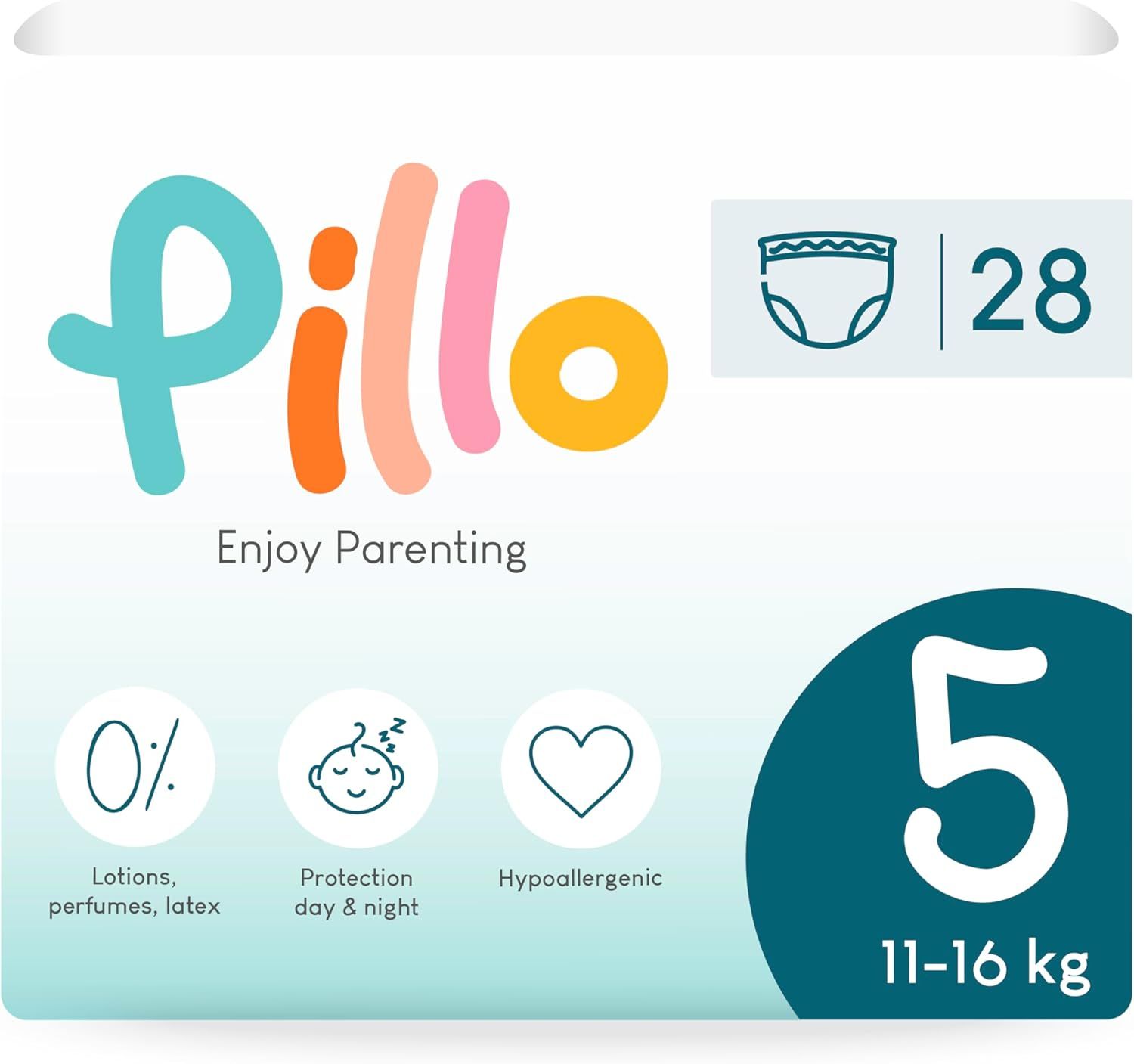 Verpackung mit Pillo Pants. Größe 5, 11-16 kg. Logo, Icons für Lotionenfrei, hypoallergen, Tag & Nacht Schutz.