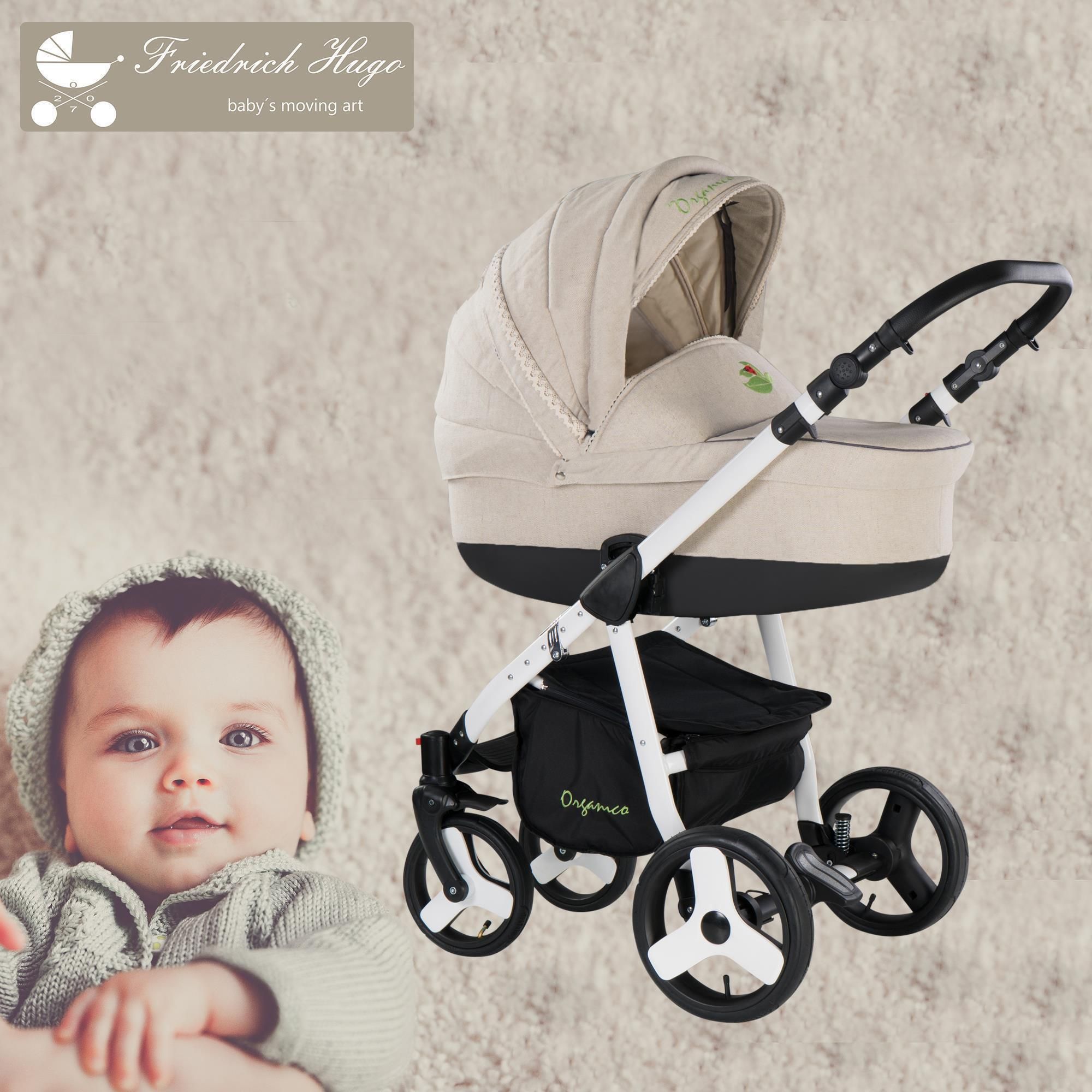 Friedrich Hugo Organico 3 in 1 Kinderwagen Set, Natureline Beige - Gestell Weiß