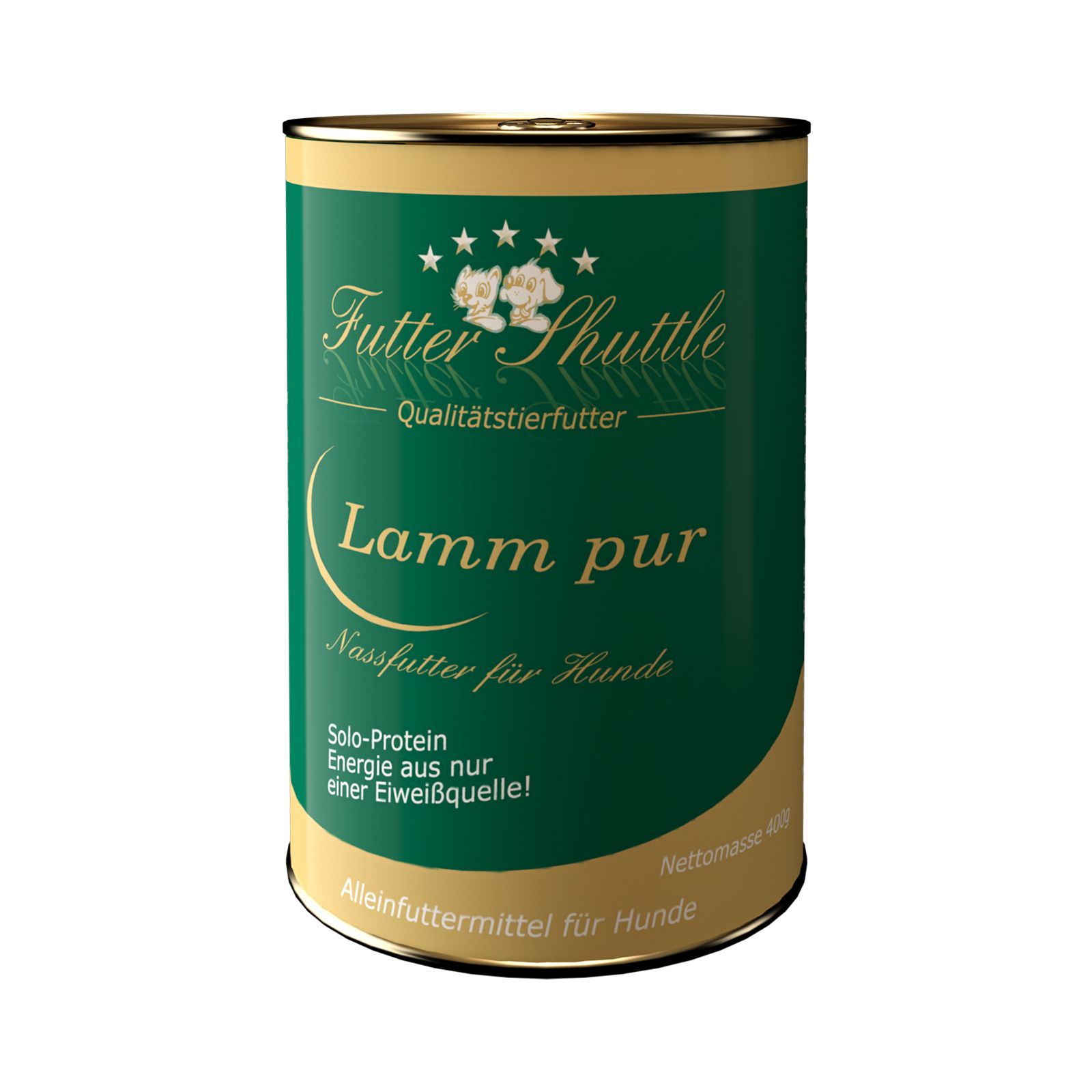Grüne Dose mit goldfarbenem Deckel. Aufschrift: Lamm pur, Nassfutter für Hunde, Solo-Protein. Marke: Futter Shuttle.